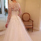 Charming V Neck Long Sleeves Sweep Train Lace Wedding Dresses