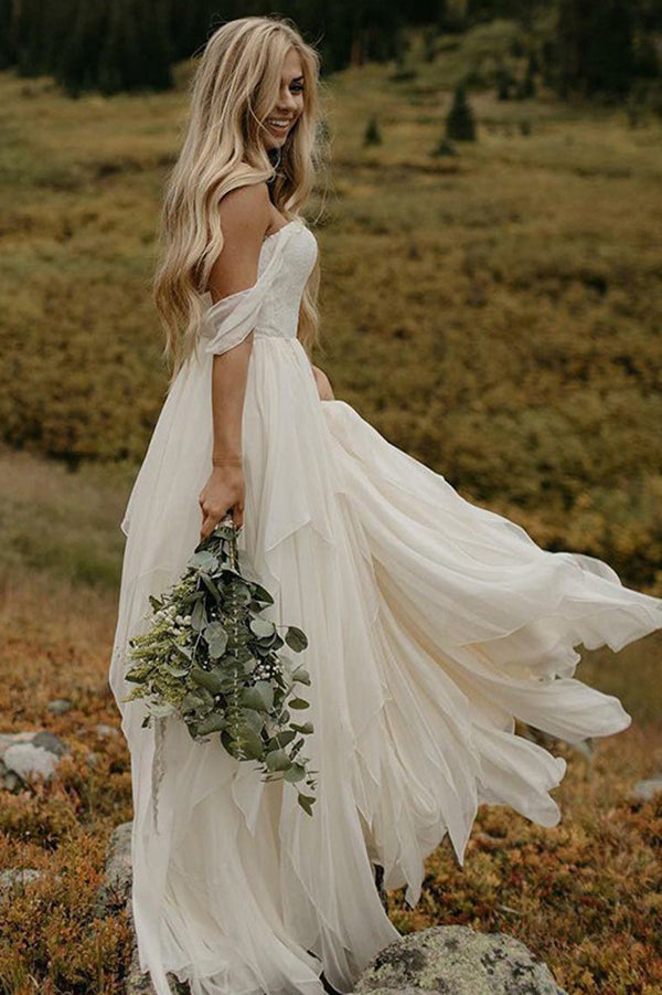 Ombreprom Wedding Dress Off-the-Shoulder Chiffon Sweetheart Floor Length Lace Bridal Gown