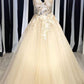 Champagne V Neck Tulle Lace Long Prom Dress Evening Dress