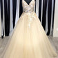 Champagne V Neck Tulle Lace Long Prom Dresses Evening Dresses