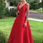 Simple Red V Neck A Line Satin Long Prom Dress