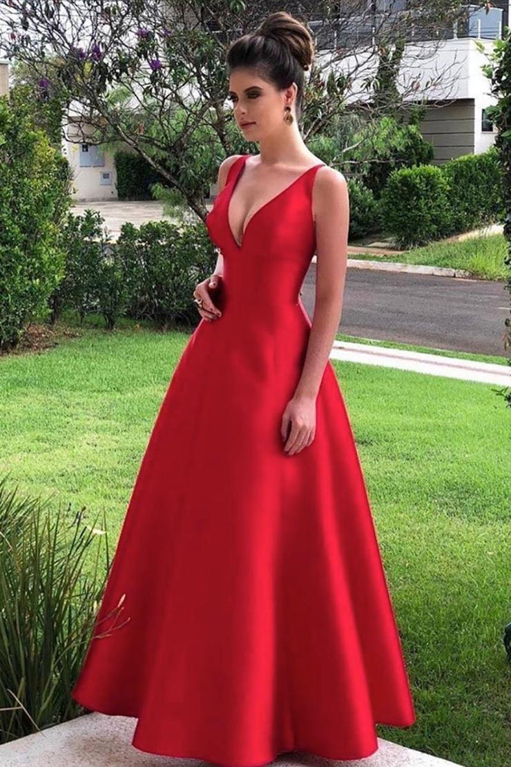 Simple Red V Neck A Line Satin Long Prom Dress