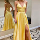 Yellow Simple Sleeveless Satin Lace Up Long Prom Dress
