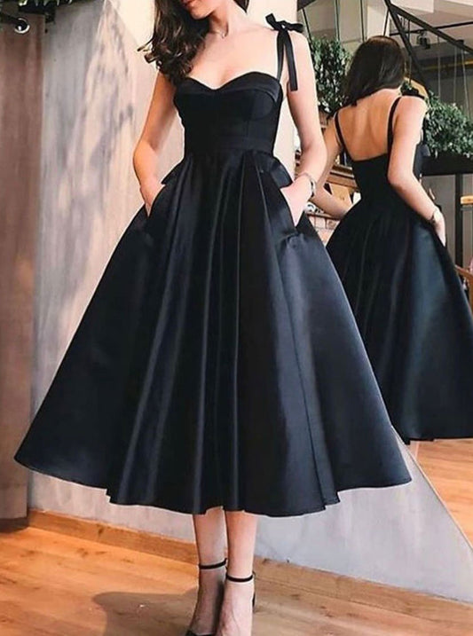 Simple Black Sleeveless A Line Satin Homecoming Dresses