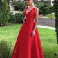 Simple Red V Neck A Line Satin Long Prom Dresses