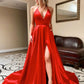 Simple Red V Neck A Line Satin Split Long Prom Dresses