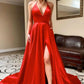 Simple Red V Neck A Line Satin Split Long Prom Dress