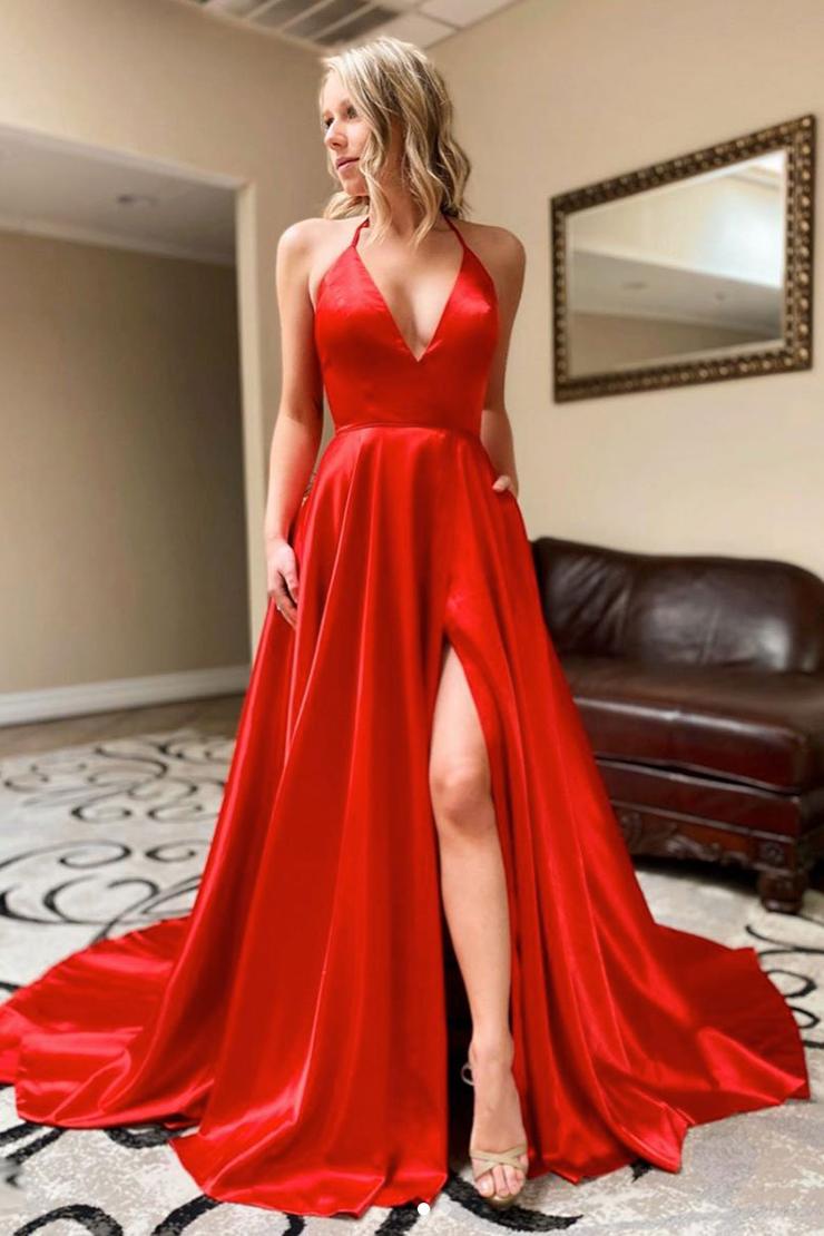 Simple Red V Neck A Line Satin Split Long Prom Dress