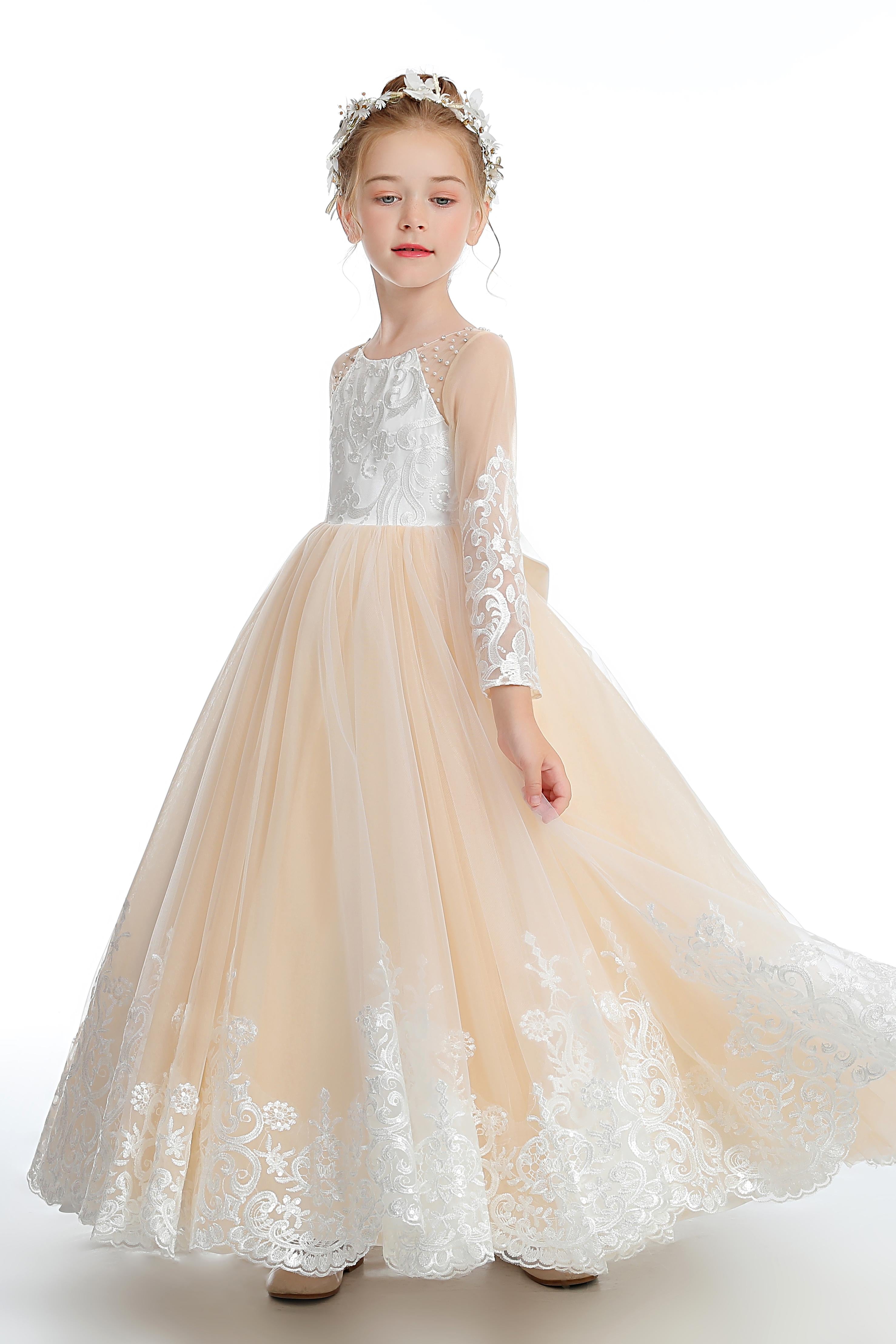 Floor Length Champagne Tulle Flower Girl Dresses With Pearls