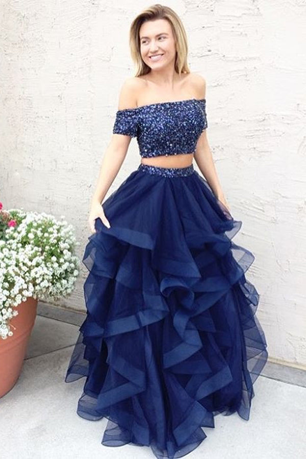 Navy Blue Two Piece A Line Floor Length Off Shoulder Ruffles Long Prom Dress,Party Dress