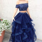 Modest Blue Two Piece A Line Floor Length Off Shoulder Princess Long Prom Dresses