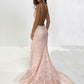 Pearl Pink V-Neck Lace Amazing Mermaid Long Backless Prom Dresses