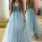 Blue Tulle A-Line V-Back V-Neck Beading School Dance Dresses Long Prom Dresses