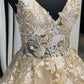Champagne V Neck Tulle Lace Long Prom Dresses Evening Dresses