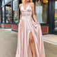 Simple Sleeveless Satin Lace Up Long Prom Dresses