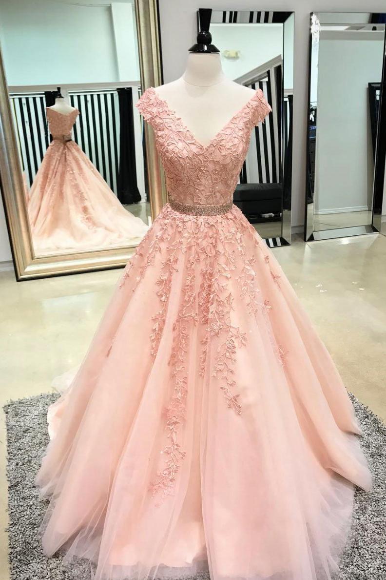 Pink Sleeveless V Neck Tulle Lace Applique Long Prom Dress