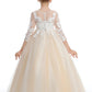 Half Sleeves Floor Length Champagne Tulle Flower Girl Dresses With Lace