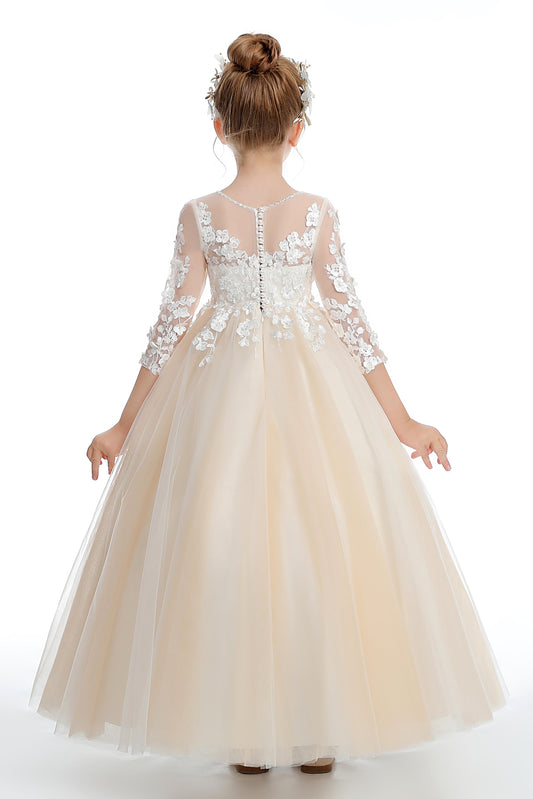 Half Sleeves Floor Length Champagne Tulle Flower Girl Dresses With Lace