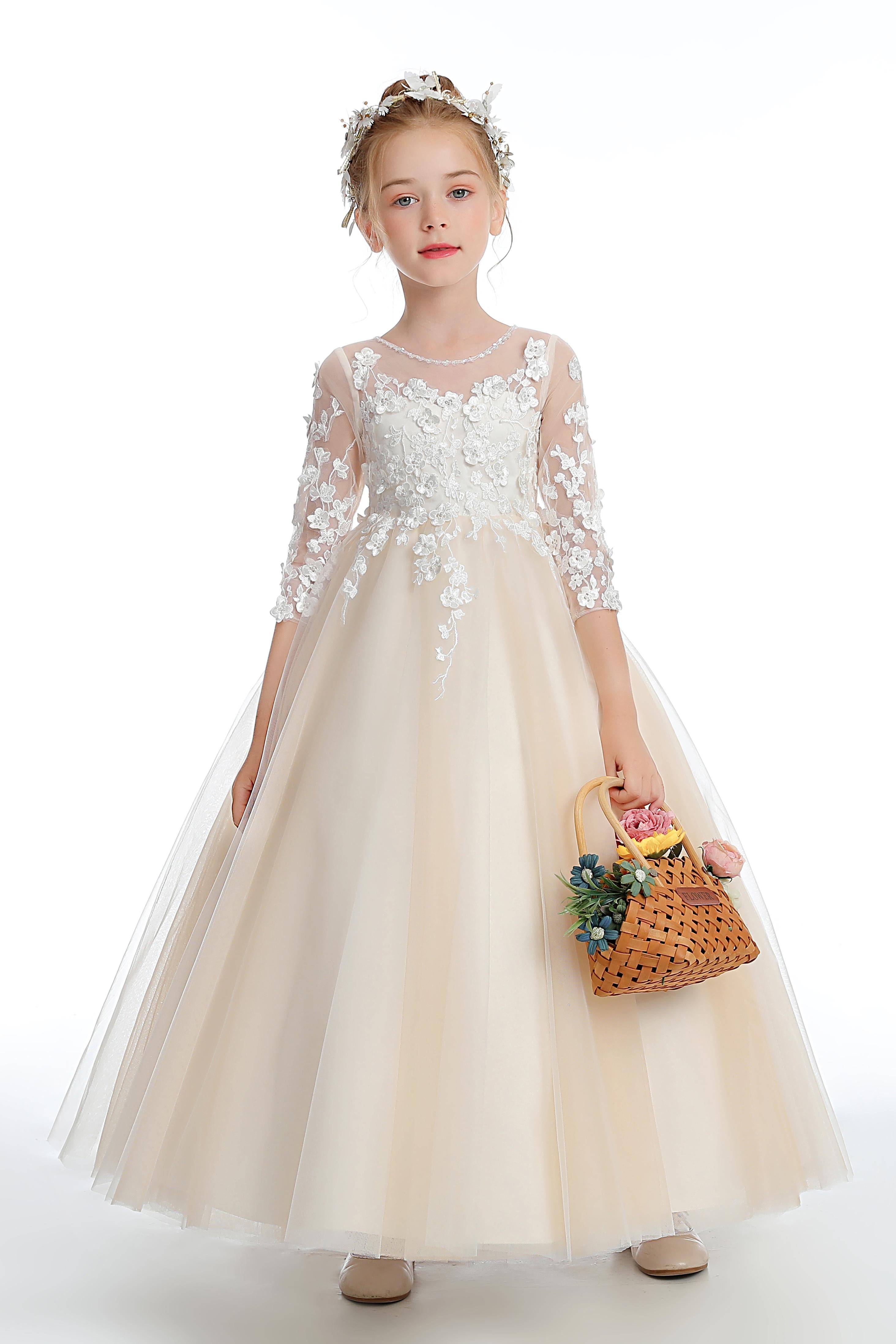 Half Sleeves Floor Length Champagne Tulle Flower Girl Dresses With Lace