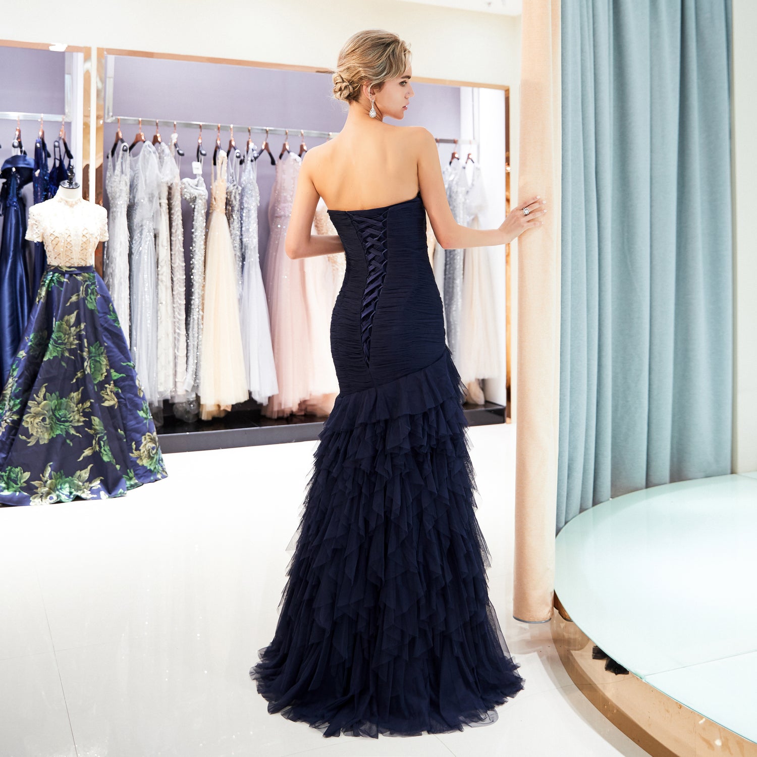Pleated Sheer Corset Mermaid Sweep Train Dress Dark Navy main image 1