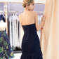 Sleeveless Navy Mermaid Sweep Train Prom Dresses