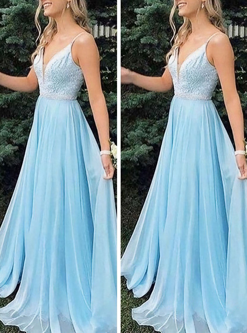 Light Blue Sleeveless Prom Dresses A Line Evening Dresses