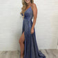Sparkly Sleeveless Spaghetti Strap A Line Split Prom Dresses