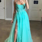 Backless Evening Dresses Turquoise Spaghetti Straps Split Appliqued Long Prom Dresses