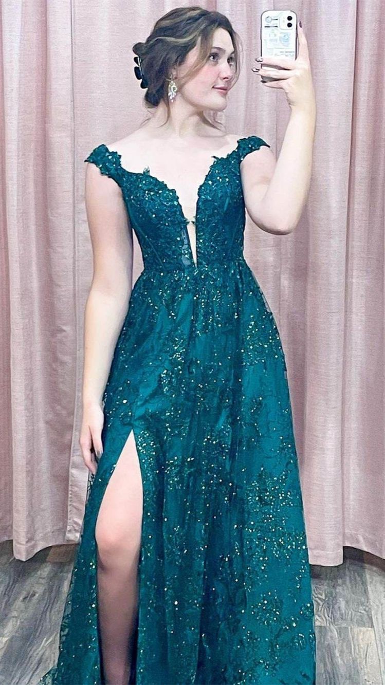 Dark Green A Line Off the Shoulder Formal Evening Gowns Lace Long Prom Dresses