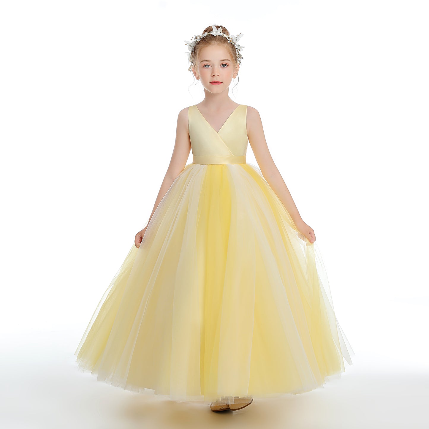Sleeveless V Neck Yellow Tulle Flower Girl Dresses