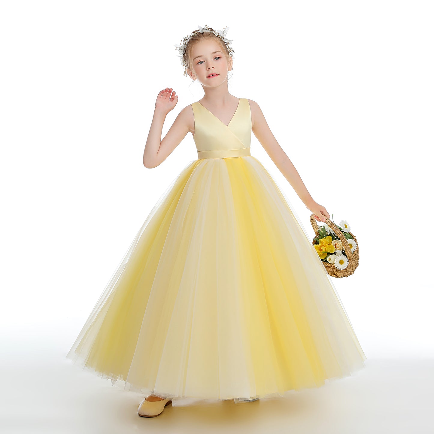 Sleeveless V Neck Yellow Tulle Flower Girl Dresses