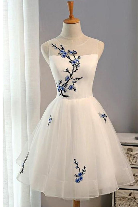 White Sheer Sleeveless Homecoming Dress,Floral Short Prom Dress