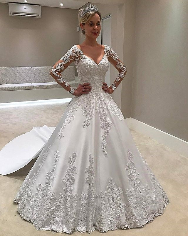 Elegant Long Sleeves Plus Size Ball Gown Lace Appliques Satin Wedding Dresses For Women