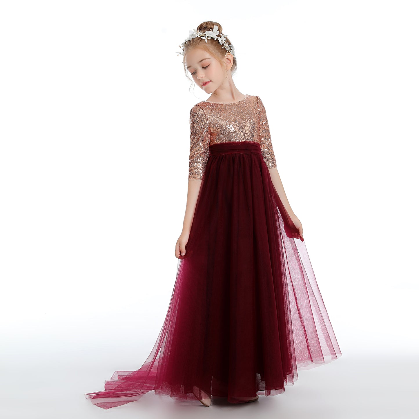 Cute Burgundy A-Line Tulle Flower Girl Dresses With Sequins