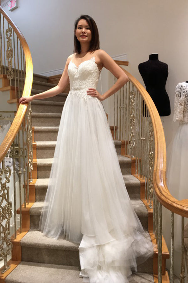 White A Line Brush Train Sleeveless Layers Tulle Appliques Wedding Dress,Beach Wedding Dress