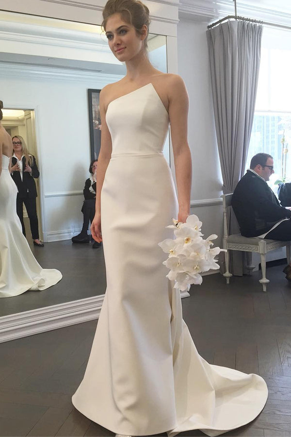 White Trumpet Sweep Train Strapless Sleeveless Mid Back Prom Dress,Wedding Dress