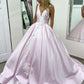 Light Pink Satin V Neck Ball Gown Long Lace Appliques Evening Dresses Prom Dresses