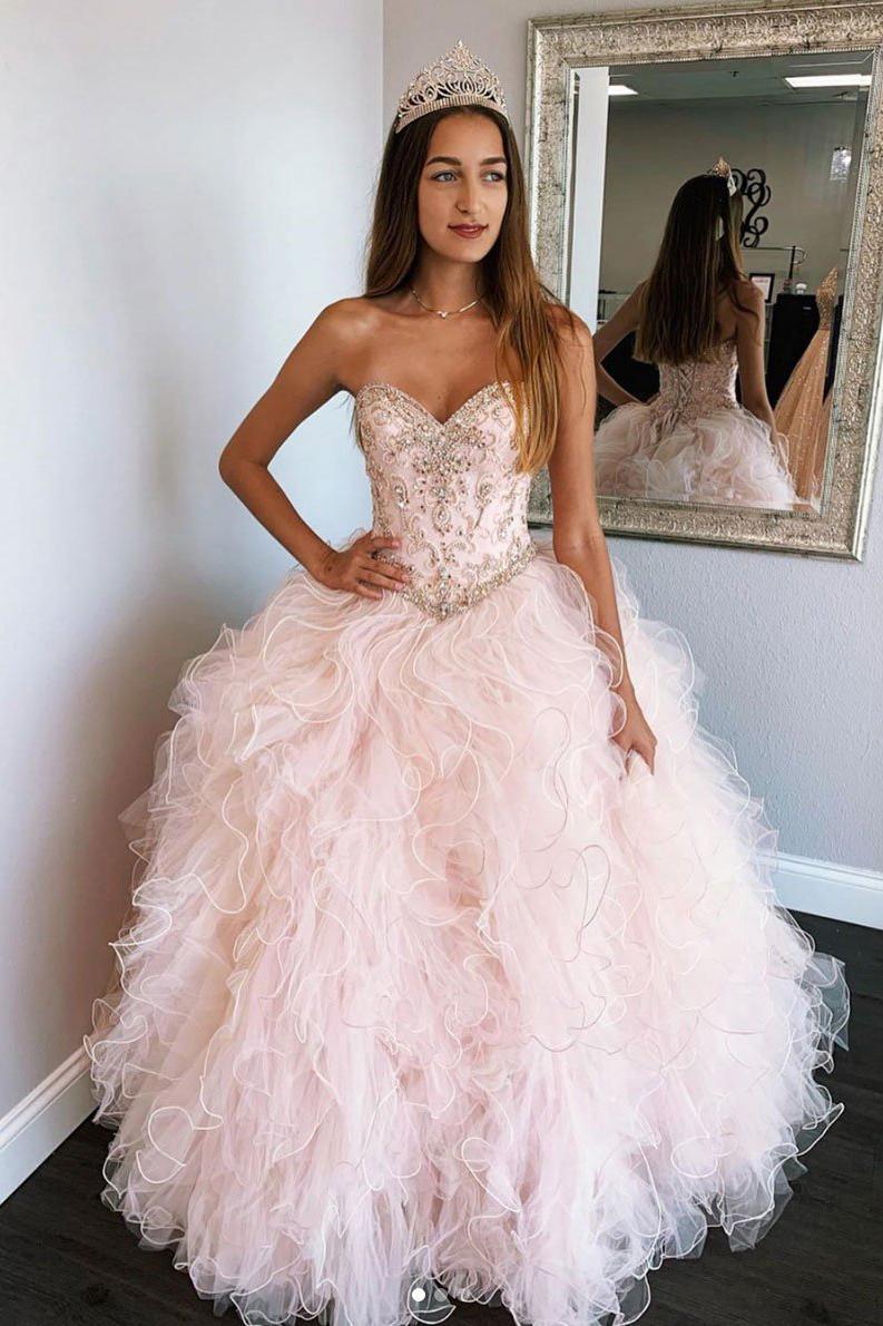 Pink Sweetheart Sleeveless Tulle Prom Dress Sweet 16 Dress