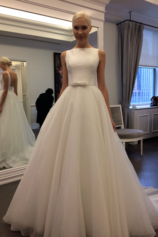 A Line Court Train Sleeveless Backless Layers Tulle Wedding Dresses