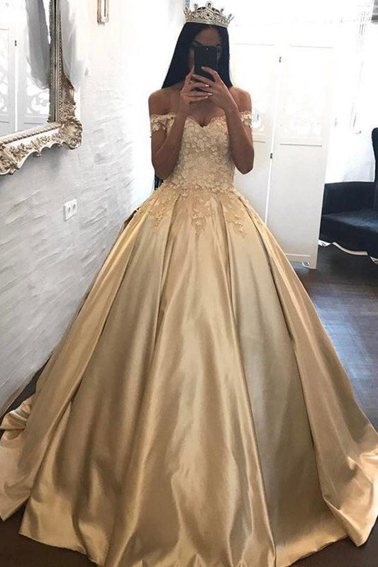 Unique Gold Ball Gown Floor Length Off The Shoulder Long Prom Dresses With Appliques