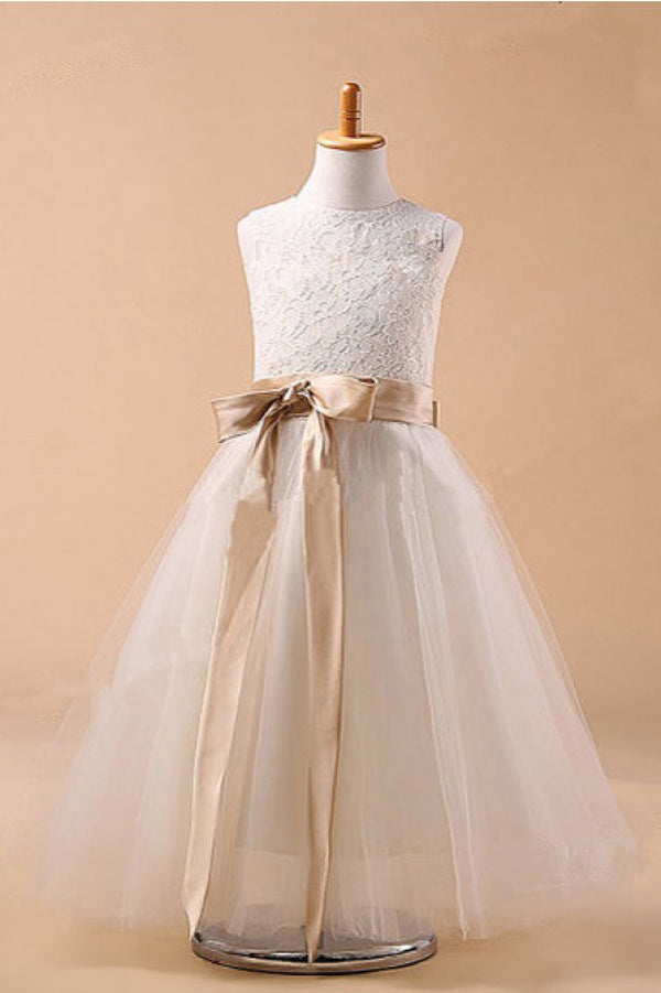 White A Line Floor Length Scoop Neck Sleeveless Bowknot Flower Girl Dresses,Baby Dress