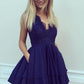 Navy Blue Deep V Neck Sleeveless Appliques Ruffles Short Homecoming Dresses