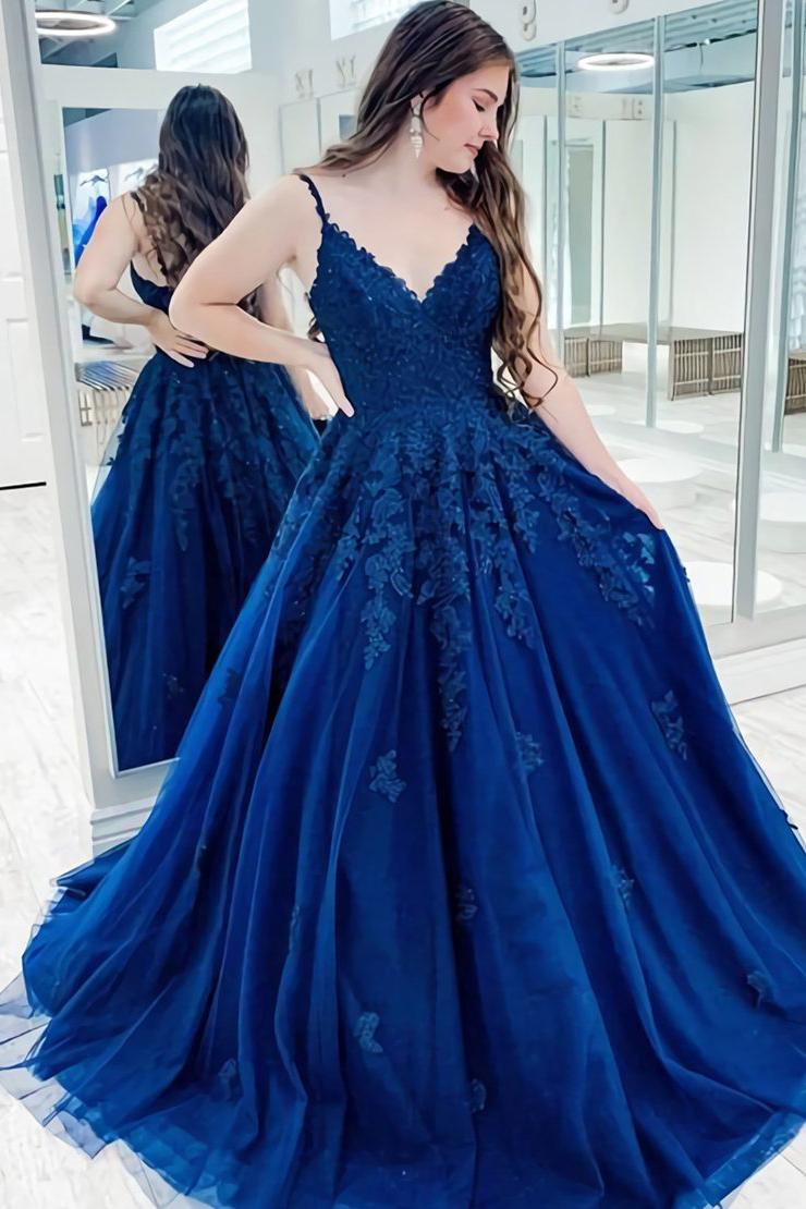 Blue Sleeveless Lace Appliques Long A Line Prom Dress PD1109
