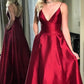 Burgundy A Line Floor Length Deep V Neck Sleeveless Mid Back Prom Dress,Party Dress P496 - Ombreprom