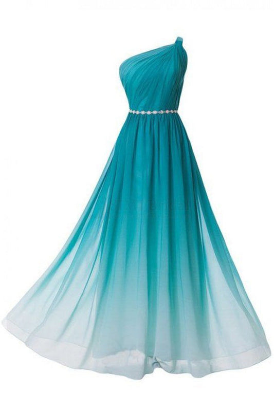 Ombre A Line Floor Length One Shoulder Sleeveless Chiffon Prom Dress,Formal Dress