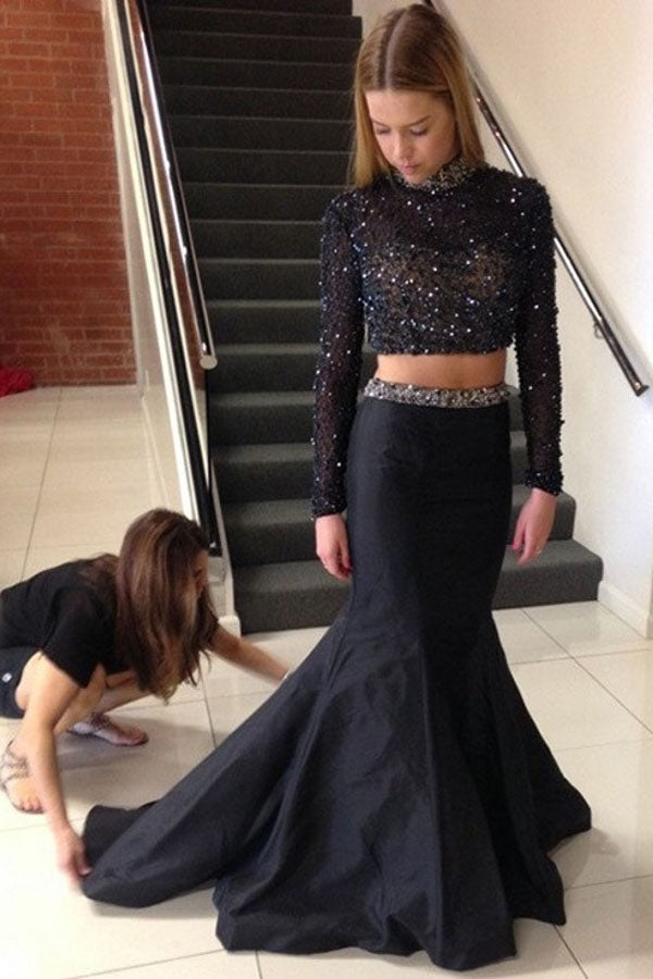 Black Two Piece Trumpet Sweep Train Long Sleeve Beading Prom Dress,Formal Dress P275 - Ombreprom