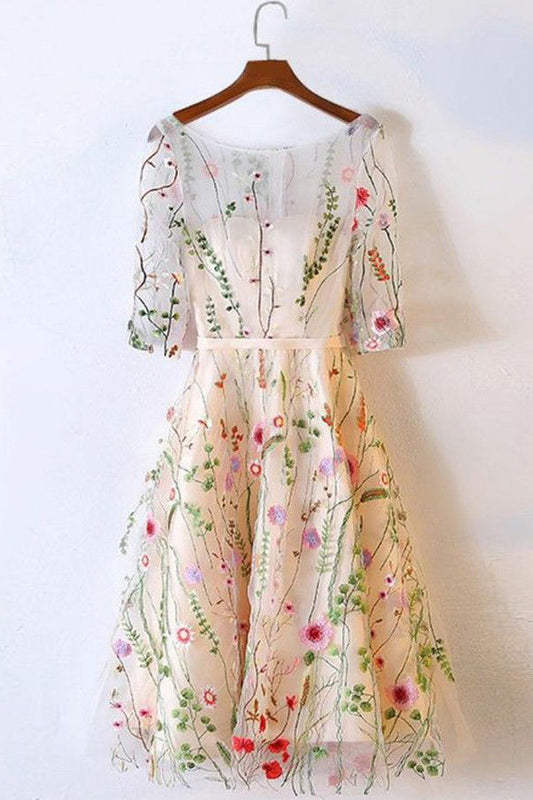 Illusion Sheer 1/2 Sleeve Homecoming Dress,Lace Appliques Short/Mini Prom Dress