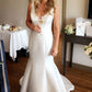 White Trumpet Court Train Deep V Neck Sleeveless Wedding Gown,Cheap Wedding Dress