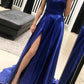 Royal Blue A Line Brush Train Sleeveless Backless Side Slit Prom Dress,Party Dress