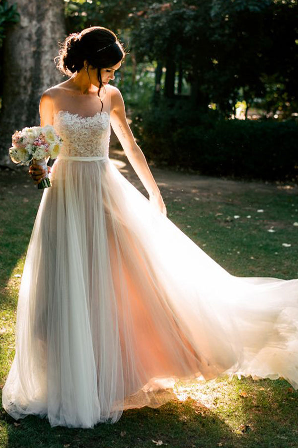 White A Line Sweep Train Sheer Neck Layers Tulle Appliques Wedding Gown,Cheap Wedding Dress